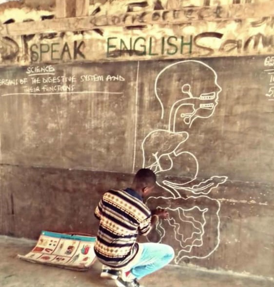 PHOTOS: Ghanaian Teacher Forced To Draw Digestive system using all the chalkboard